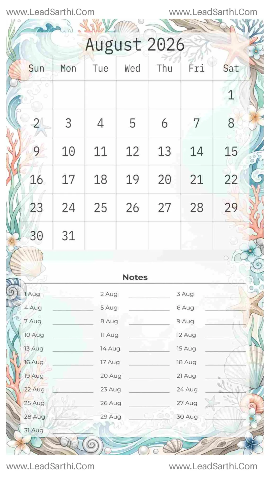 Printable August 2026 Calendar Template 12 Ocean Theme 138 Thumbnail