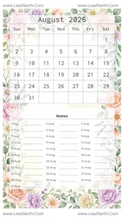 August 2026 Calendar Template 8 Floral Theme 120 Design Template