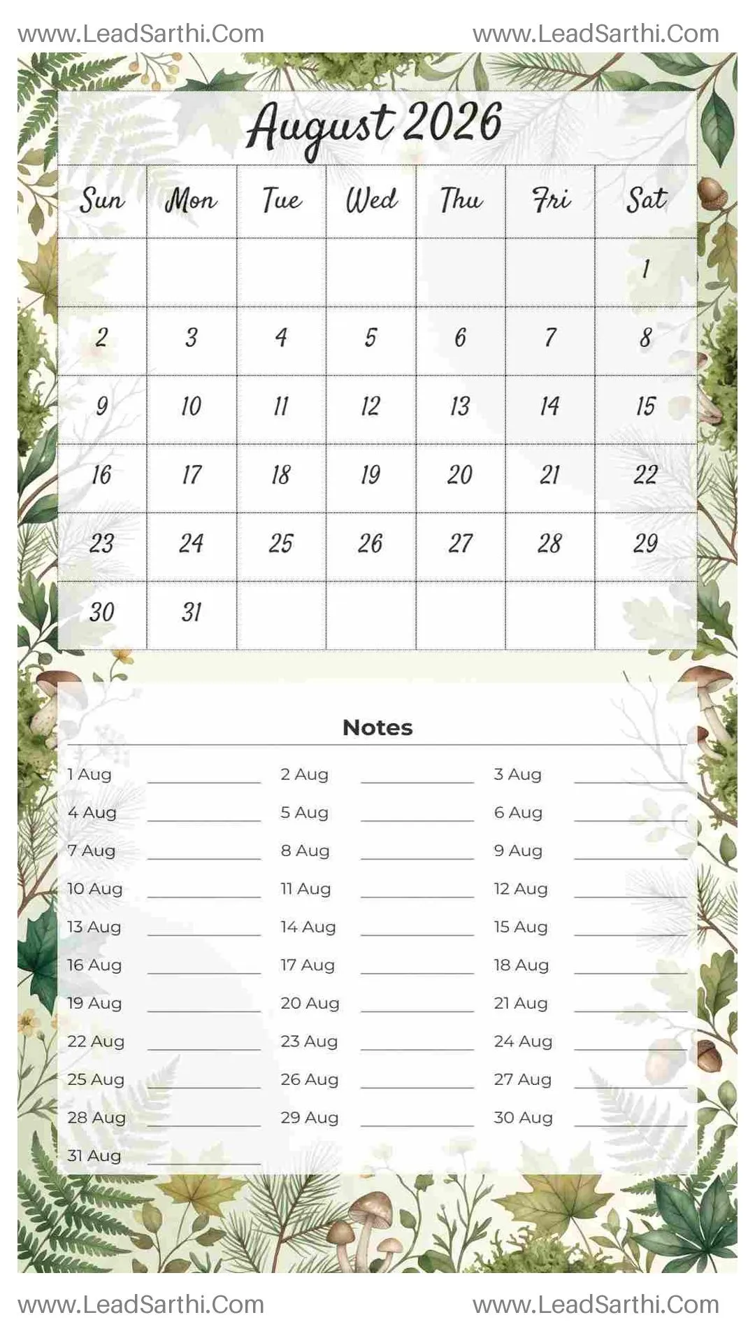 Printable August 2026 Calendar Template 22 Forest Theme 40 Thumbnail