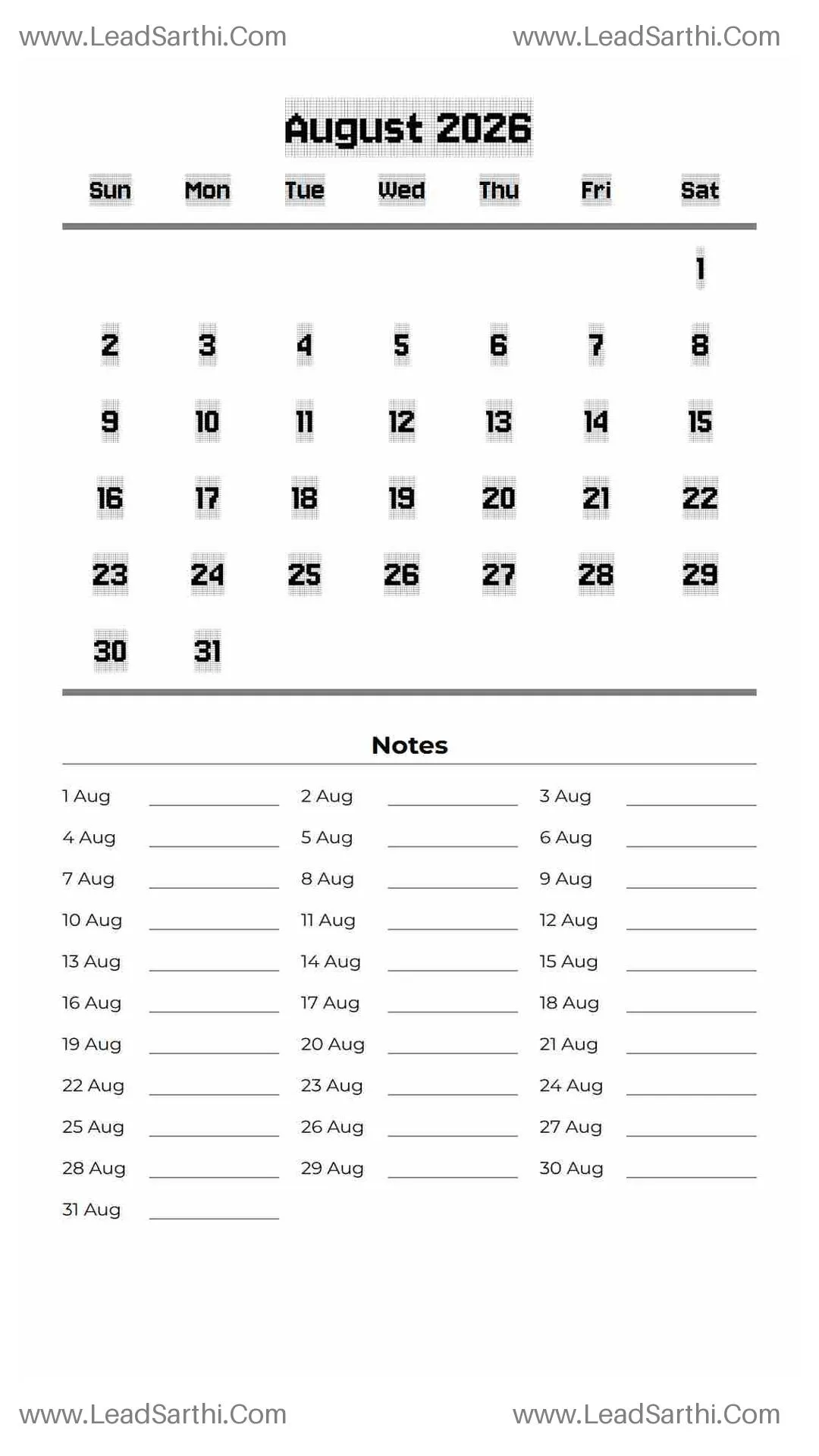 Printable August 2026 Calendar Template 4 White BG 219 Thumbnail
