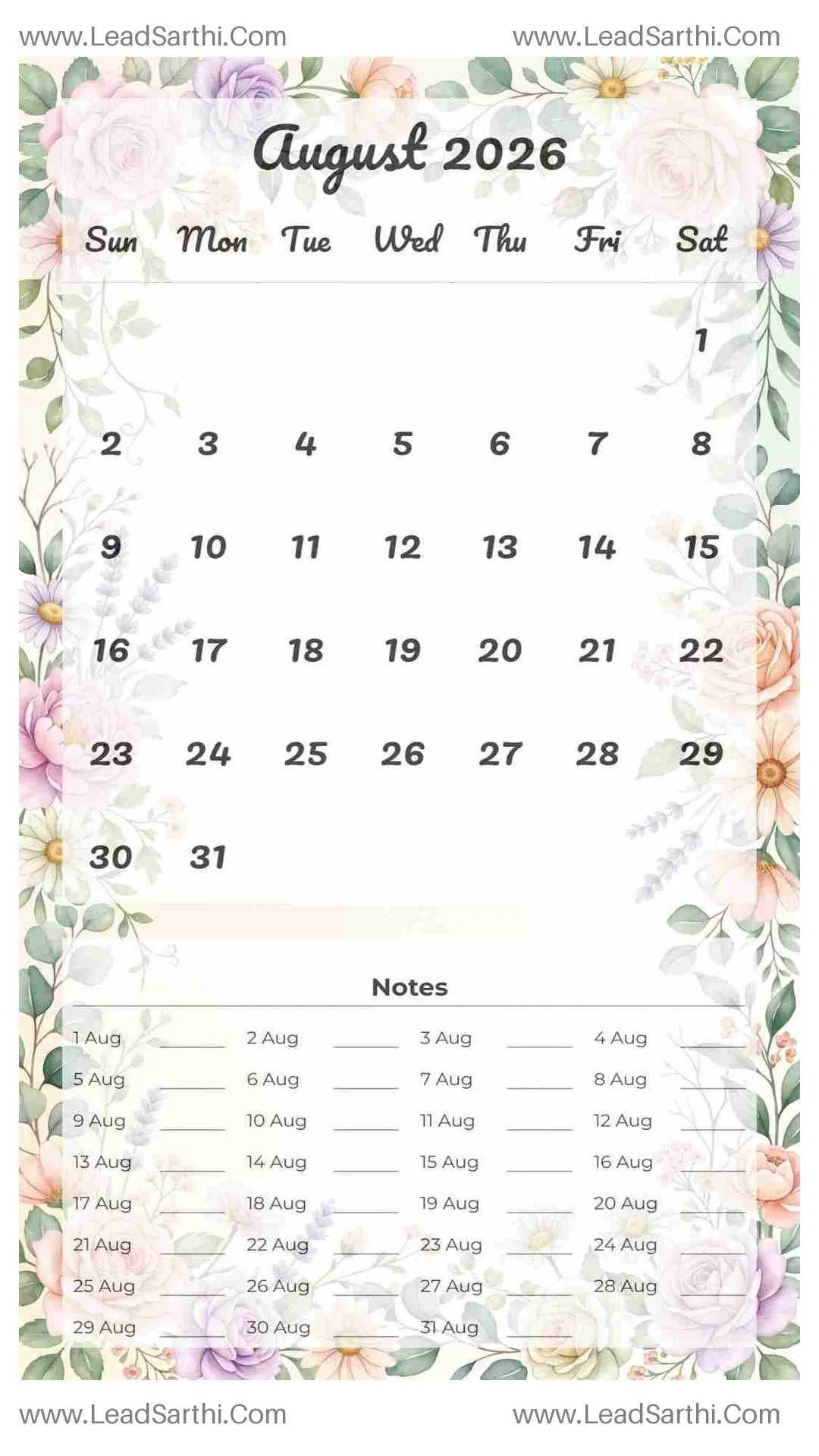 Printable August 2026 Calendar Template 16 Floral Theme 11 Thumbnail