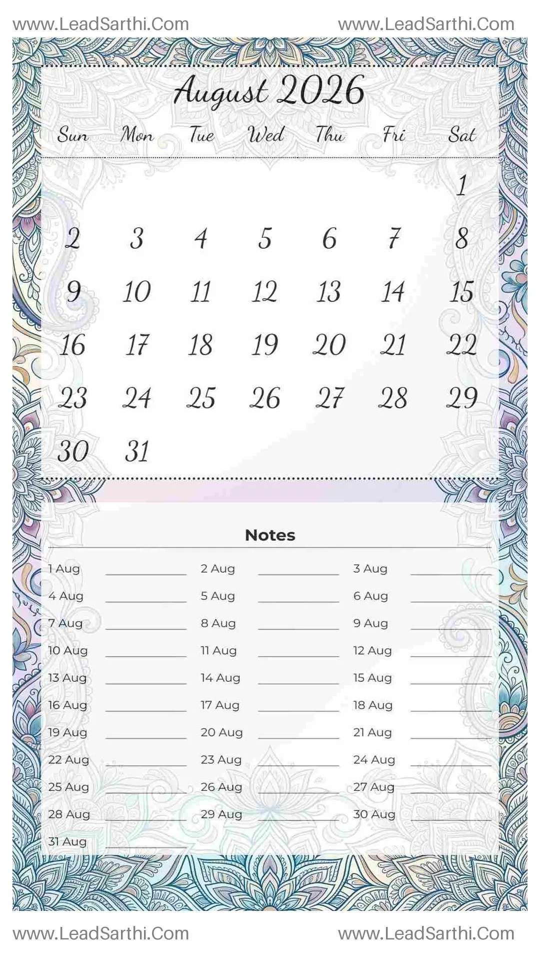 Printable August 2026 Calendar Template 10 Mandala Theme 179 Thumbnail
