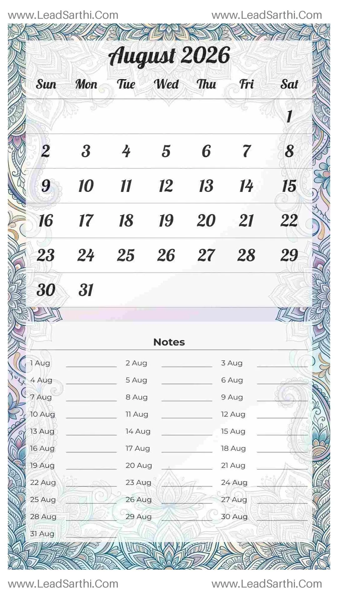 Printable August 2026 Calendar Template 19 Mandala Theme 64 Thumbnail