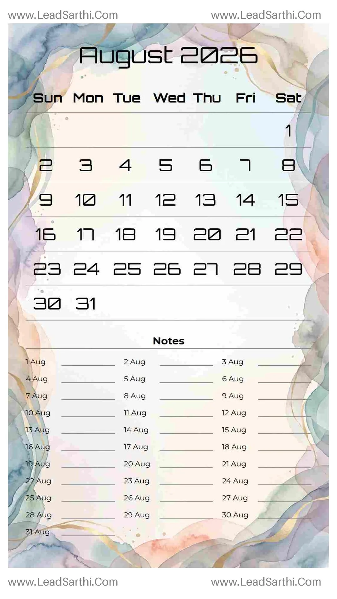 Printable August 2026 Calendar Template 15 Watercolor Theme 214 Thumbnail