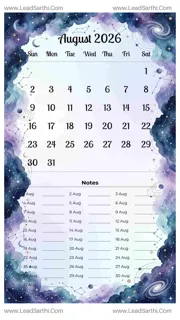 August 2026 Calendar Template 11 Galaxy Theme 106 Design Template