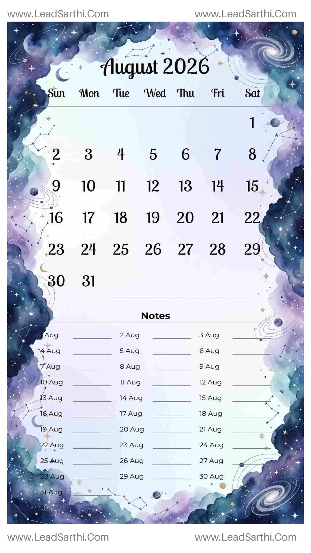 Printable August 2026 Calendar Template 11 Galaxy Theme 106 Thumbnail