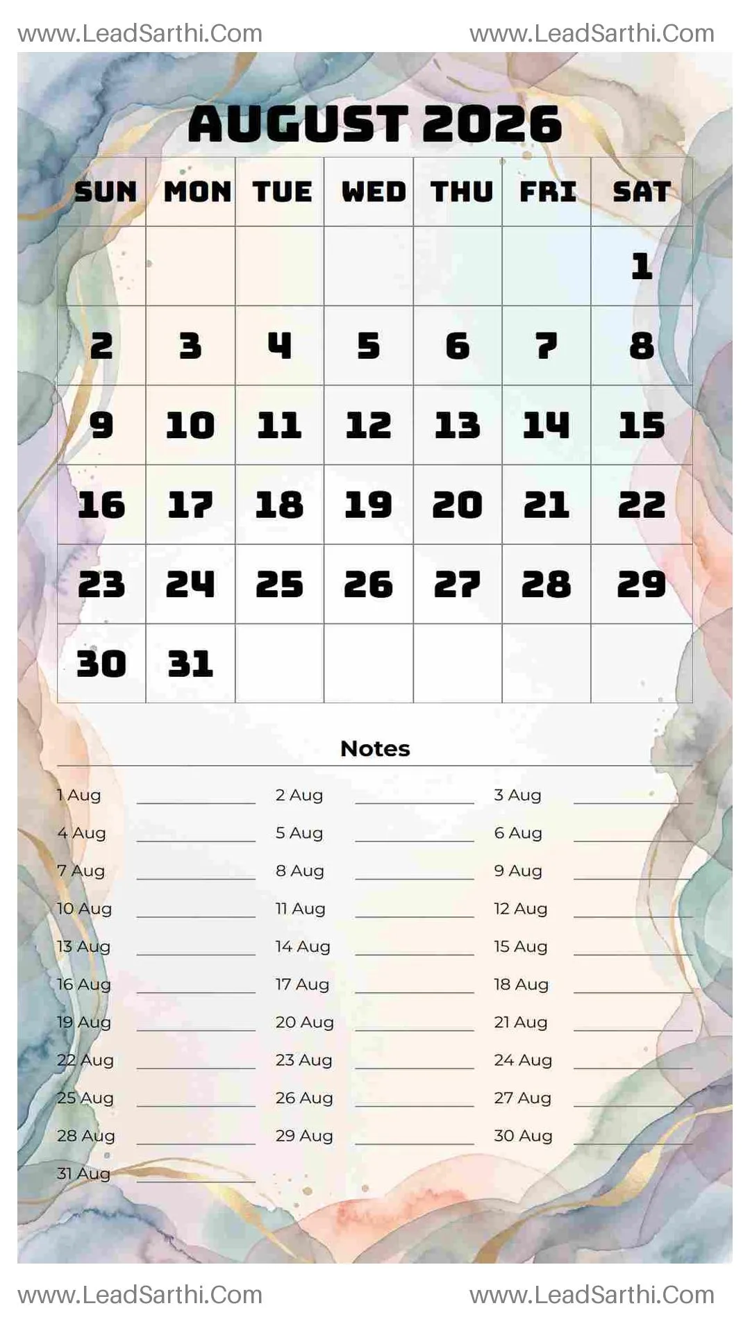 Printable August 2026 Calendar Template 17 Watercolor Theme 42 Thumbnail