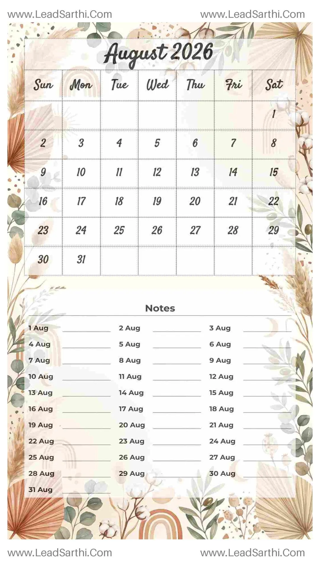 Printable August 2026 Calendar Template 22 Botonical Theme 1 Thumbnail