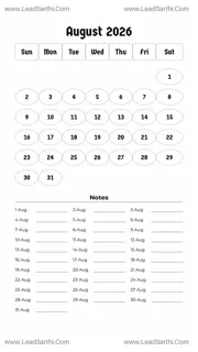 August 2026 Calendar Template 9 White BG 244 Design Template