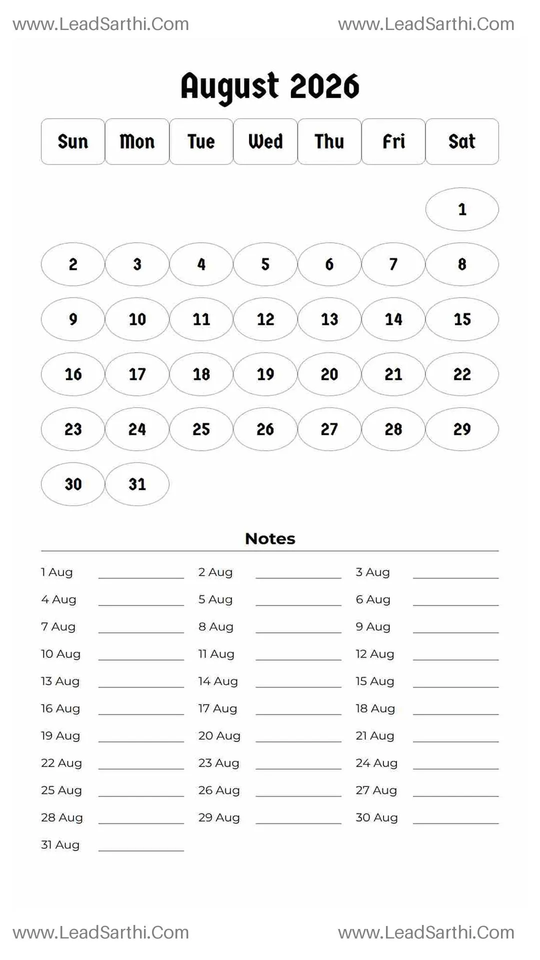 Printable August 2026 Calendar Template 9 White BG 244 Thumbnail