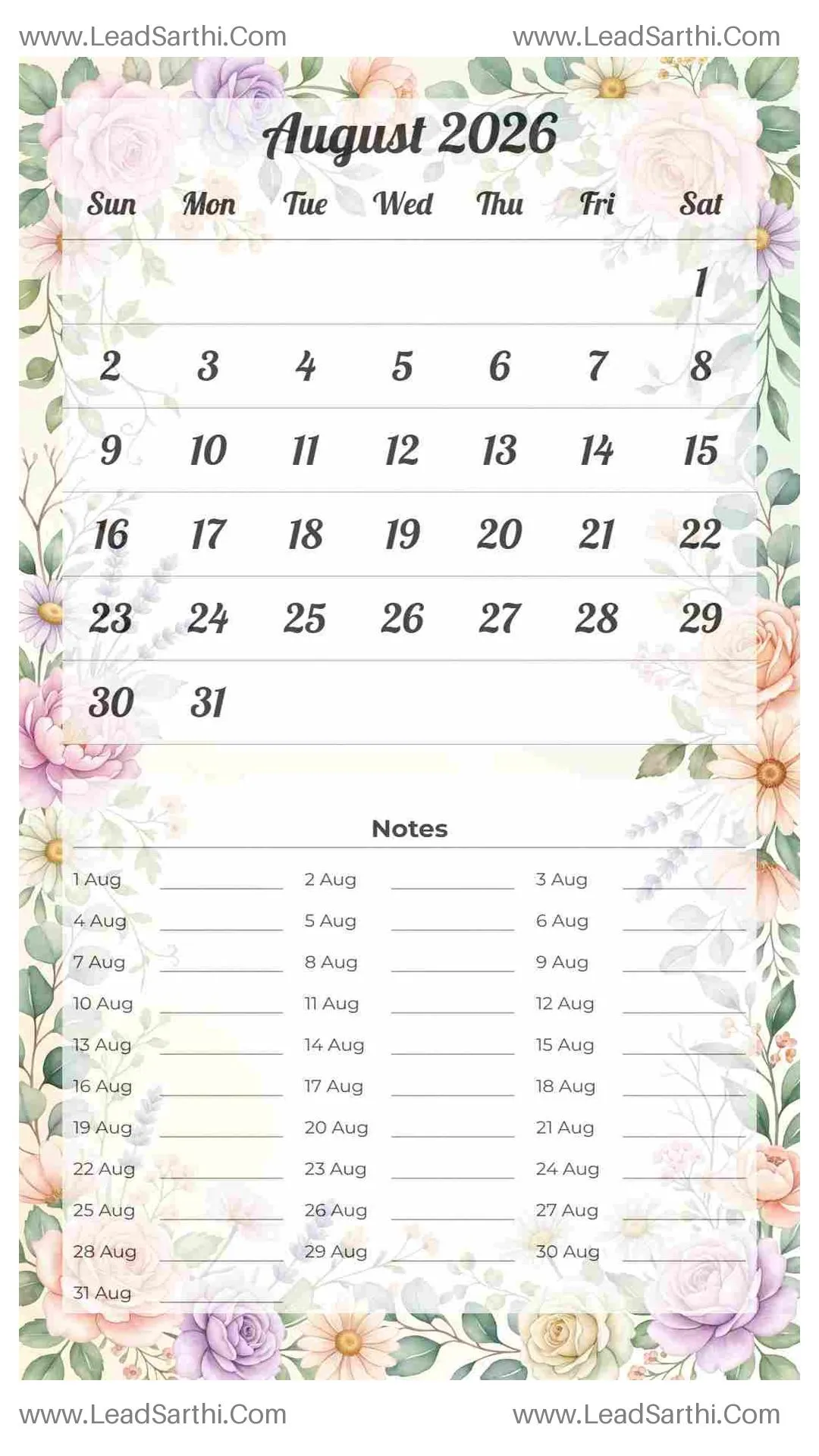 Printable August 2026 Calendar Template 19 Floral Theme 10 Thumbnail