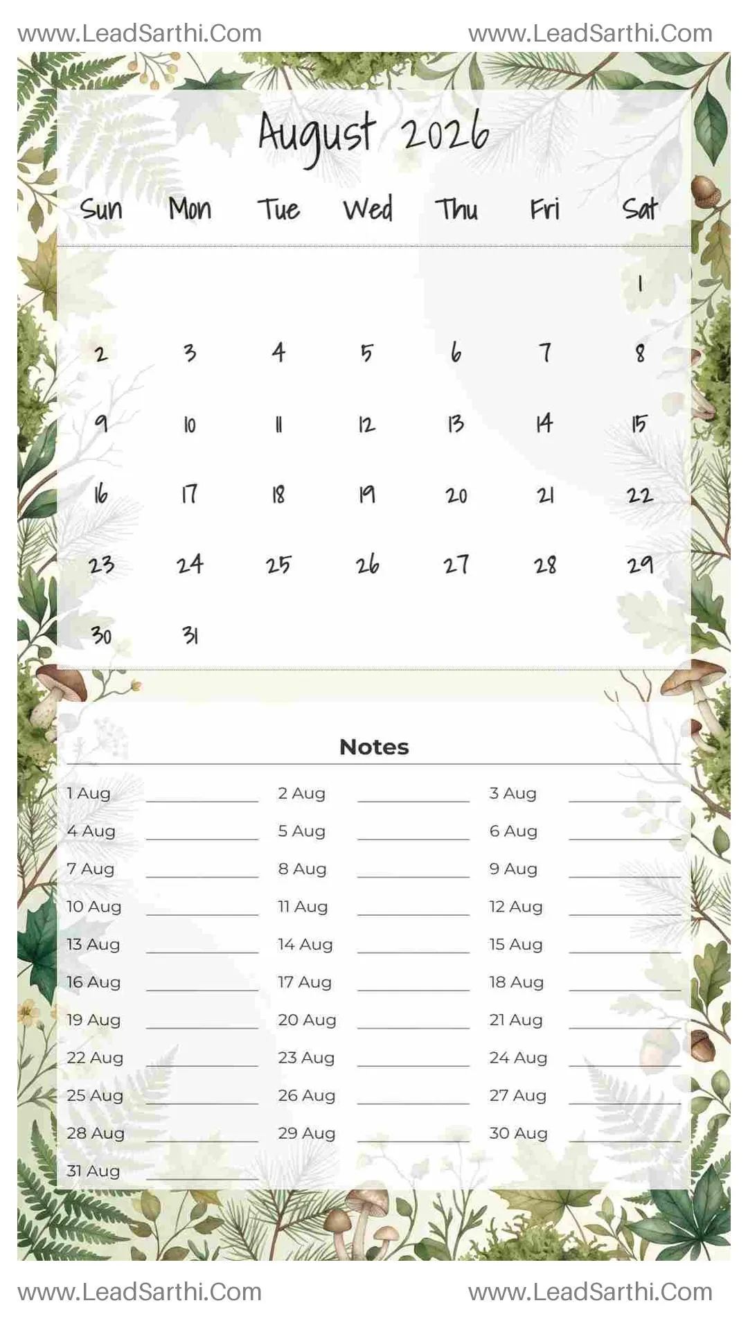 Printable August 2026 Calendar Template 21 Forest Theme 132 Thumbnail