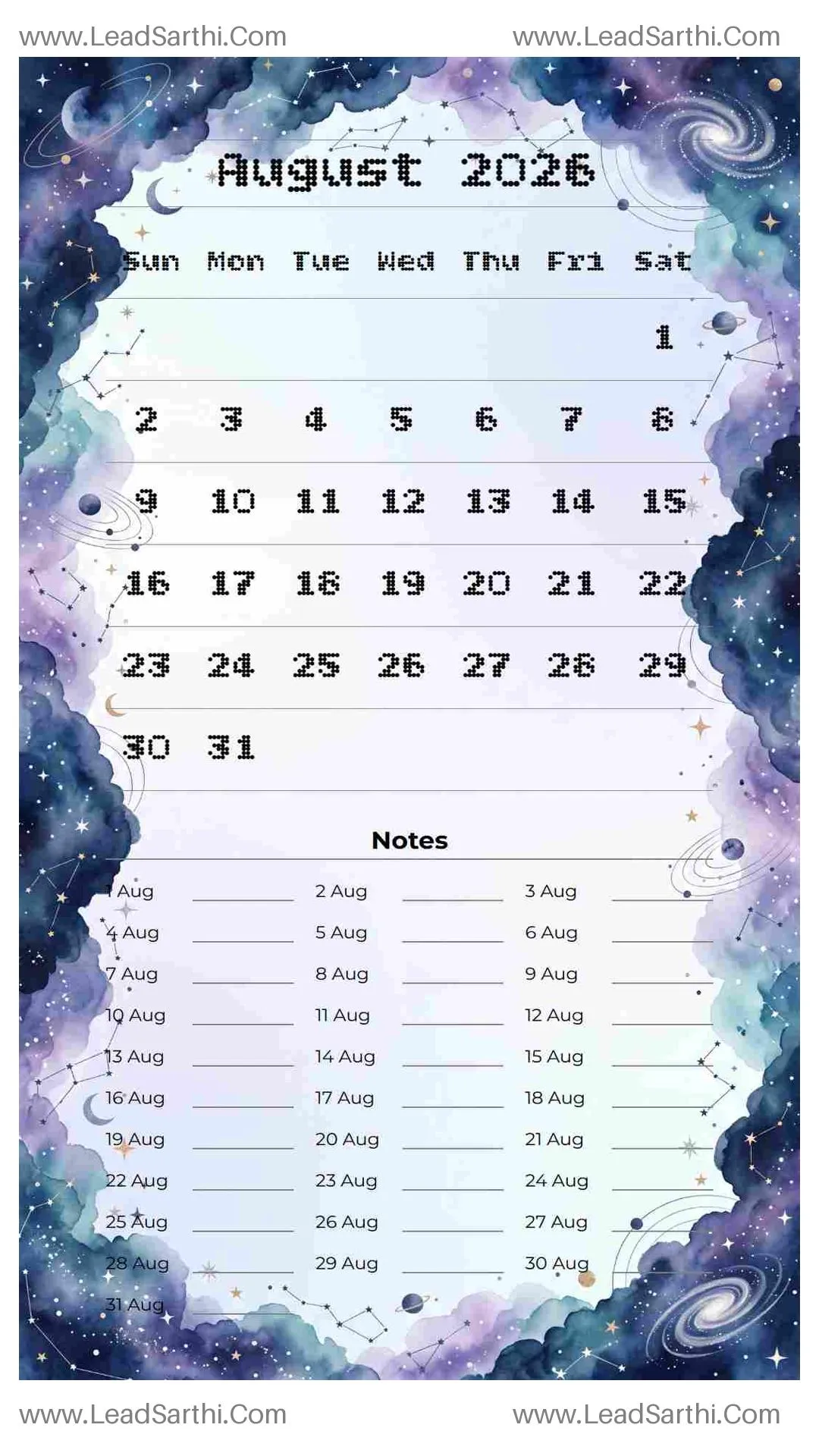 Printable August 2026 Calendar Template 7 Galaxy Theme 46 Thumbnail