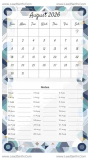 August 2026 Calendar Template 22 Geometric Theme 105 Design Template