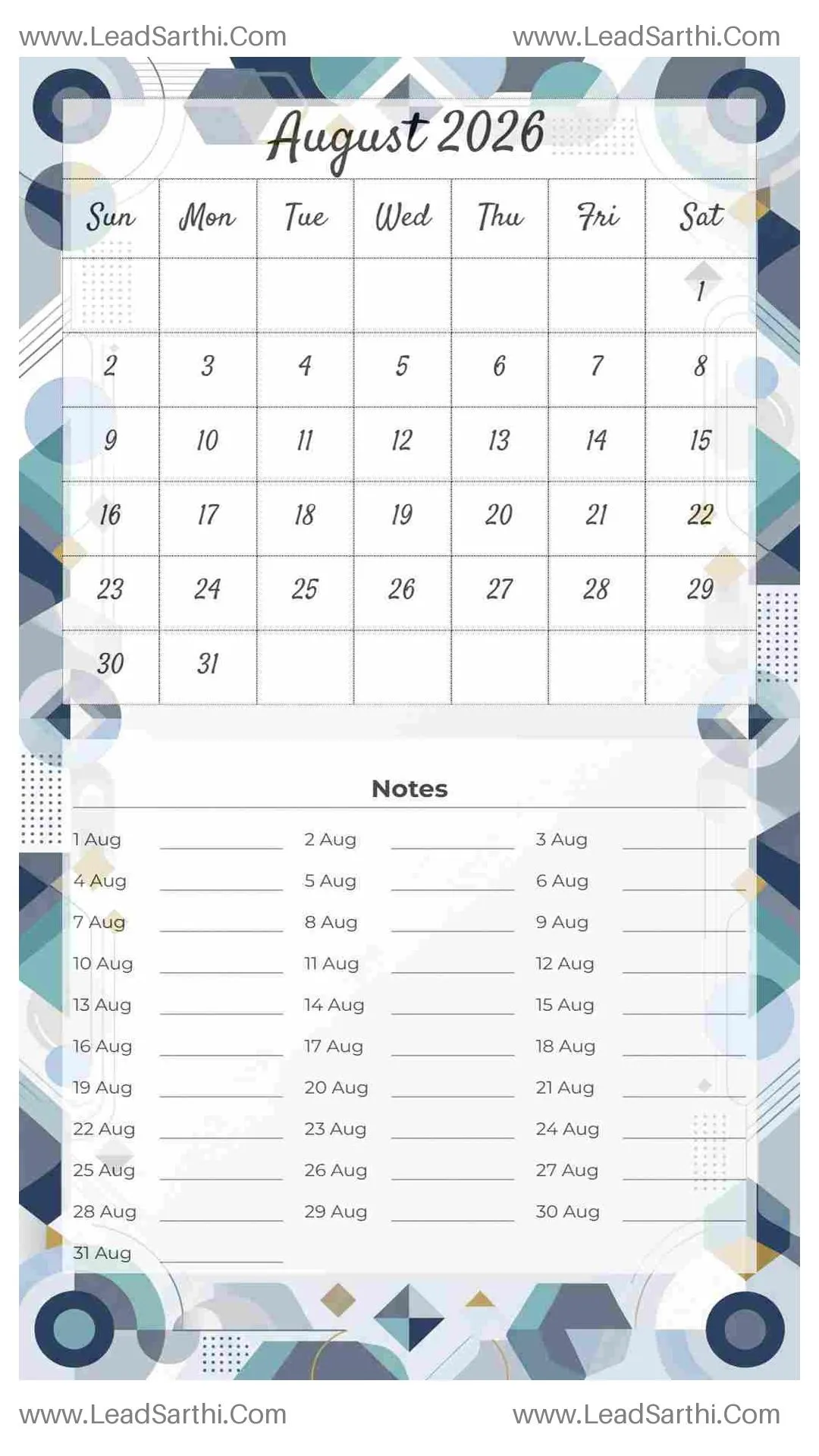 Printable August 2026 Calendar Template 22 Geometric Theme 105 Thumbnail