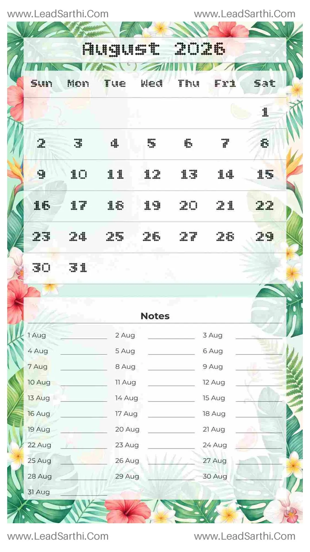 Printable August 2026 Calendar Template 7 Summer Theme 28 Thumbnail