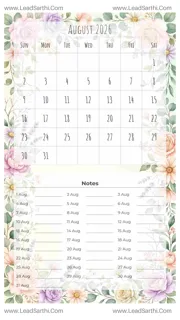 August 2026 Calendar Template 25 Floral Theme 223 Design Template