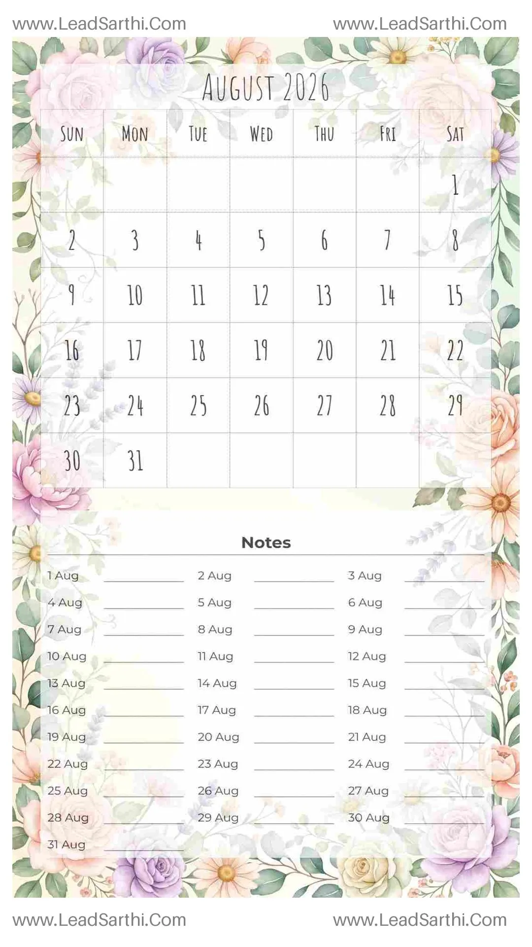 Printable August 2026 Calendar Template 25 Floral Theme 223 Thumbnail