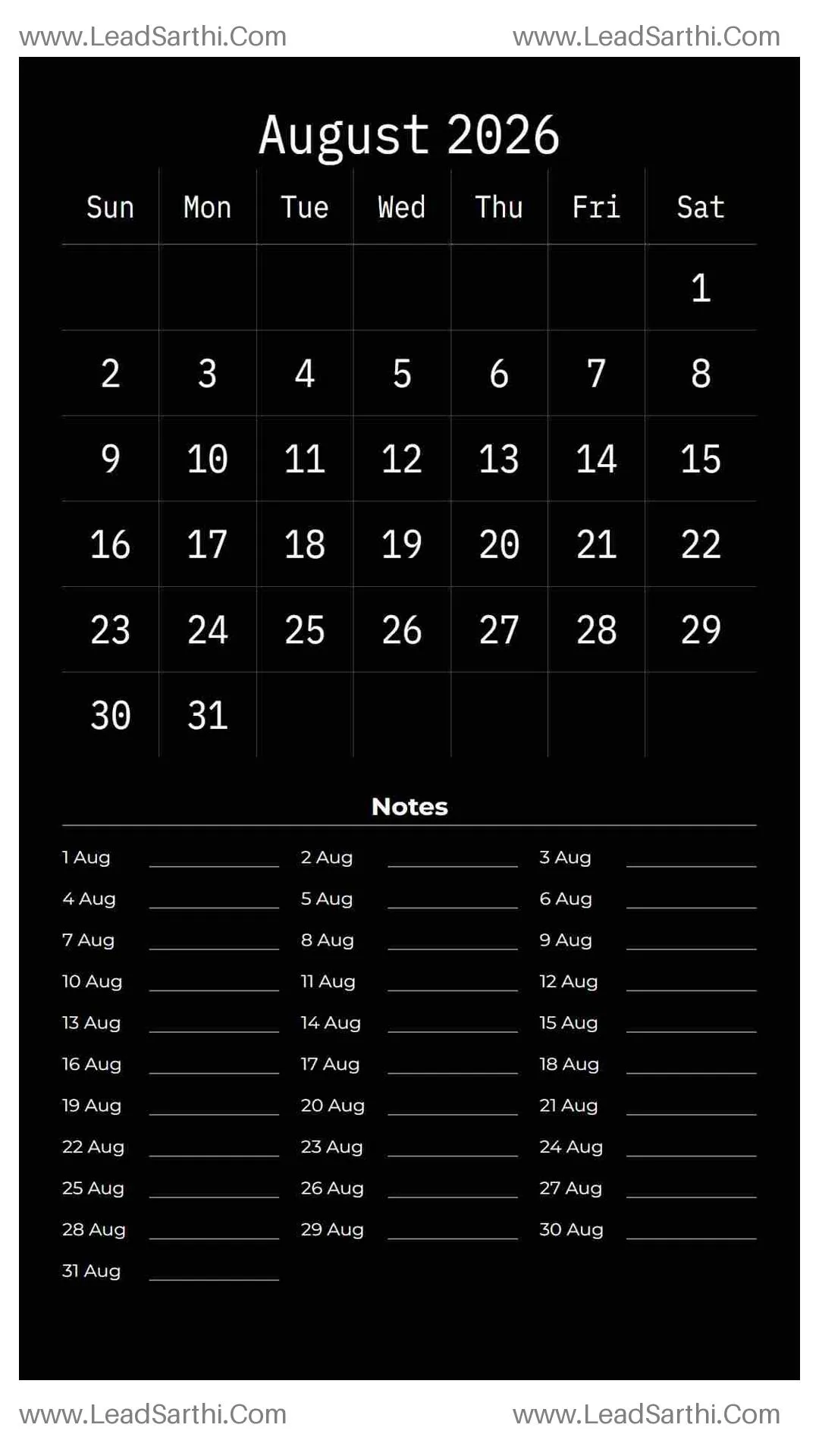 Printable August 2026 Calendar Template 12 Dark Theme 139 Thumbnail