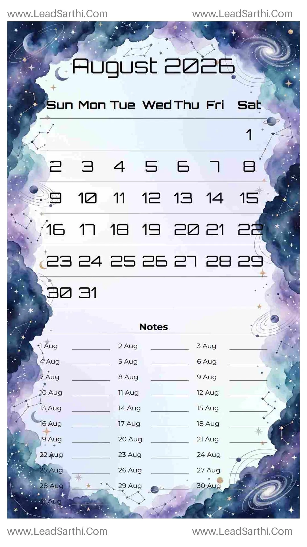 Printable August 2026 Calendar Template 15 Galaxy Theme 198 Thumbnail