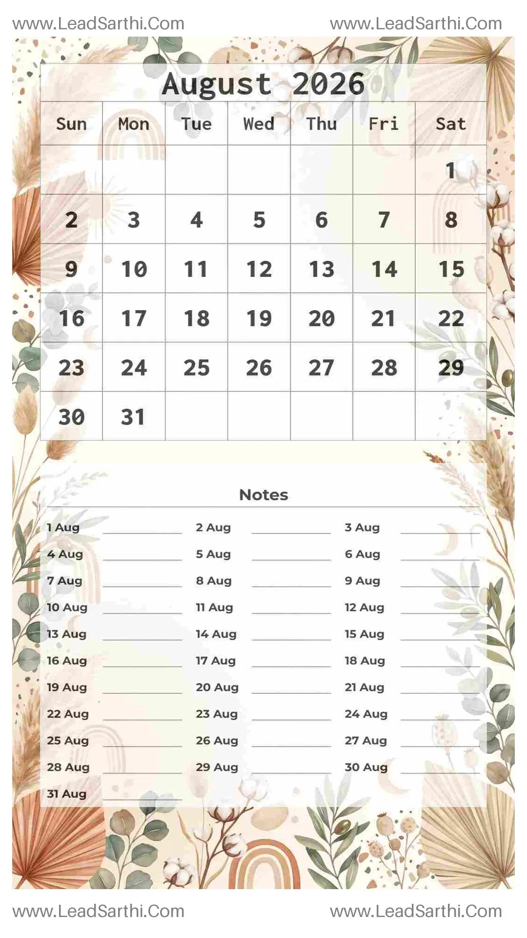 Printable August 2026 Calendar Template 8 Botonical Theme 66 Thumbnail