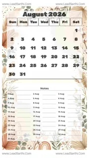 August 2026 Calendar Template 5 Botonical Theme 259 Design Template