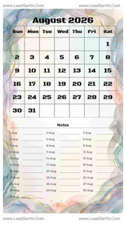 August 2026 Calendar Template 6 Watercolor Theme 238 Design Template