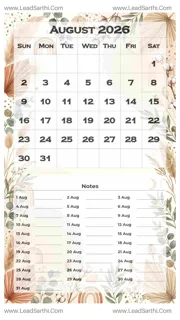 August 2026 Calendar Template 14 Botonical Theme 150 Design Template