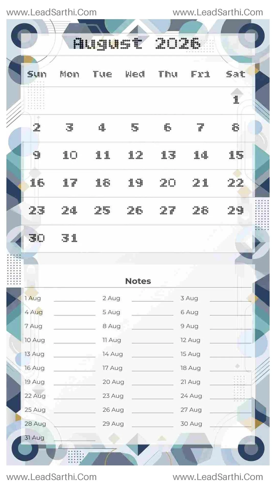 Printable August 2026 Calendar Template 7 Geometric Theme 22 Thumbnail