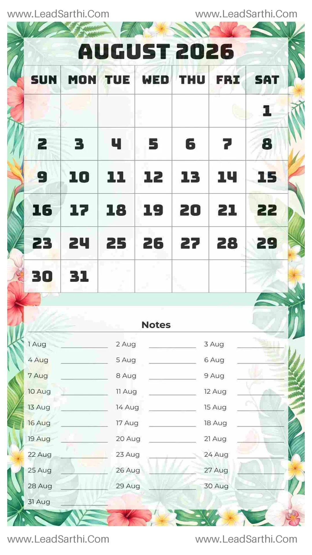 Printable August 2026 Calendar Template 17 Summer Theme 32 Thumbnail