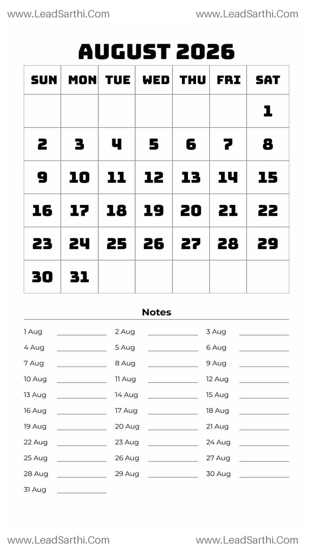 Printable August 2026 Calendar Template 17 White BG 202 Thumbnail