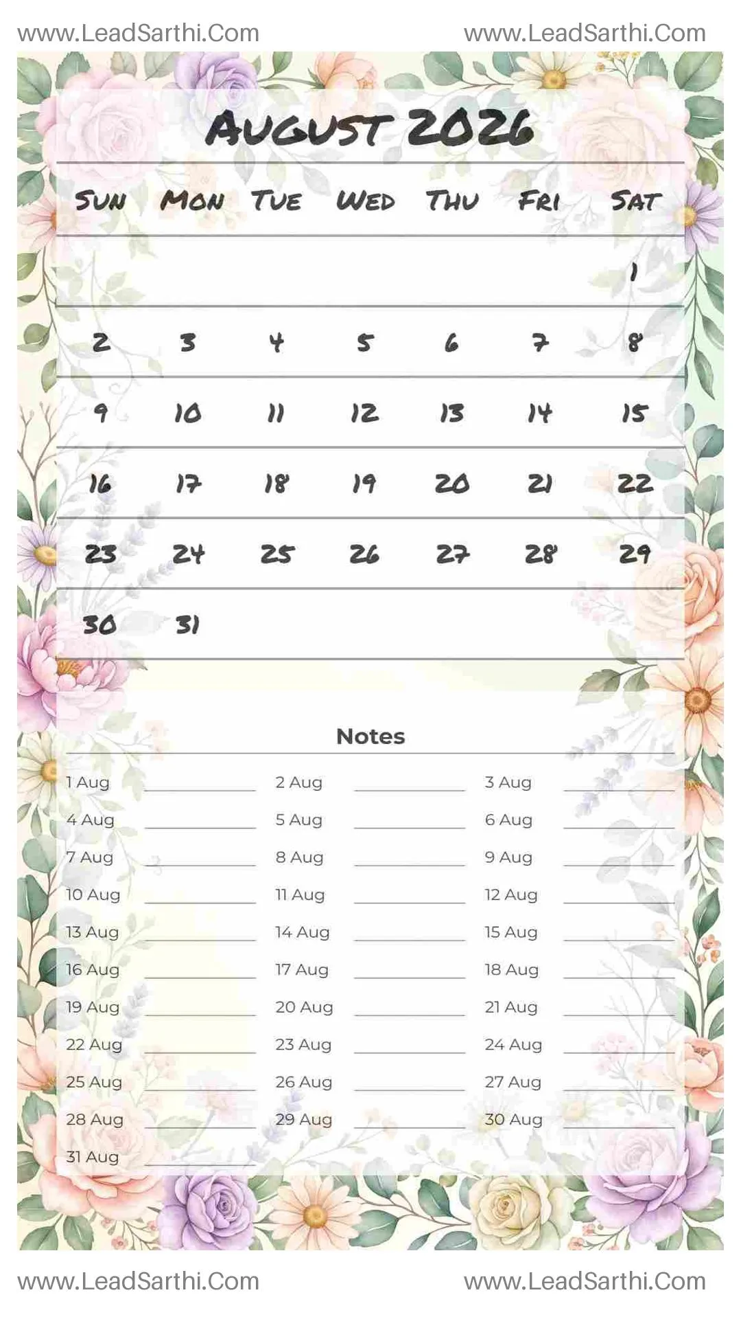 Printable August 2026 Calendar Template 24 Floral Theme 130 Thumbnail