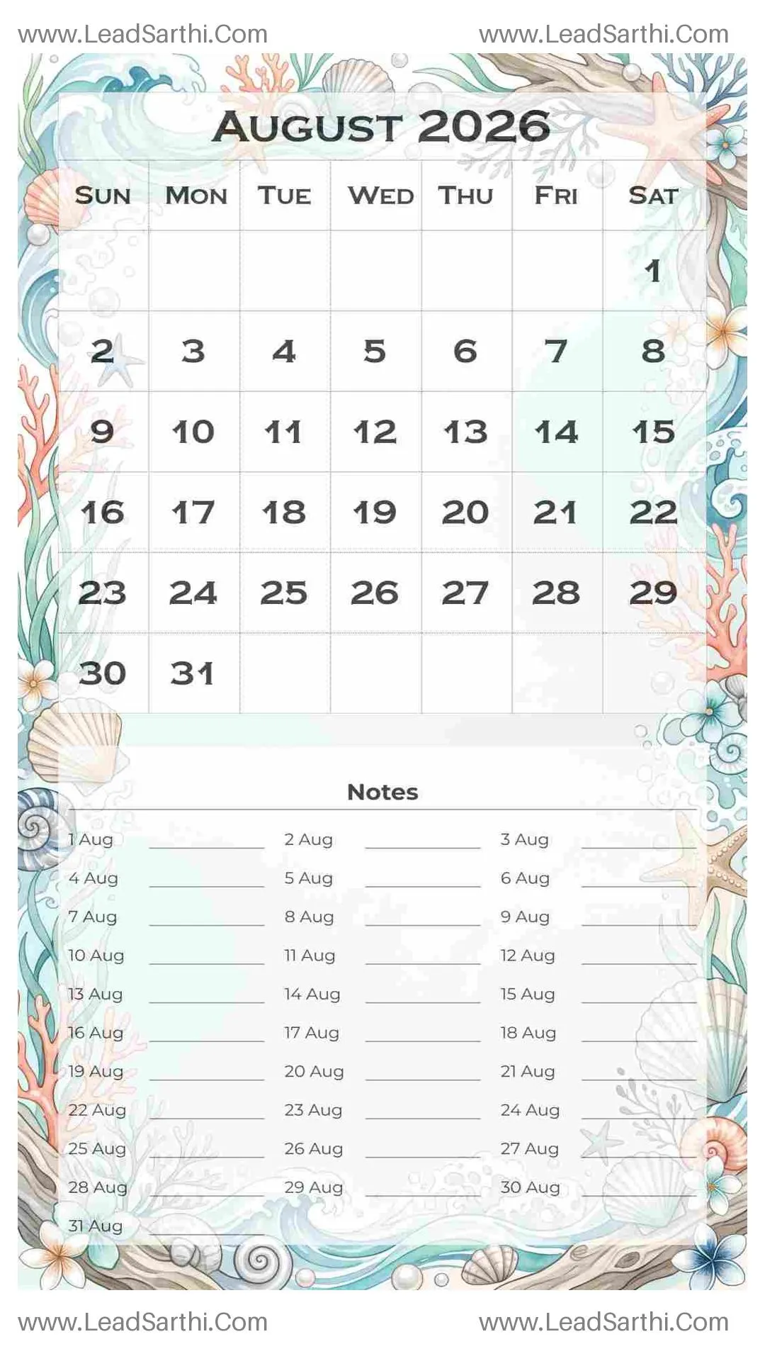 Printable August 2026 Calendar Template 14 Ocean Theme 228 Thumbnail
