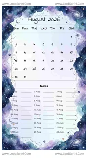 August 2026 Calendar Template 23 Galaxy Theme 155 Design Template