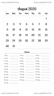 August 2026 Calendar Template 11 White BG 216 Design Template
