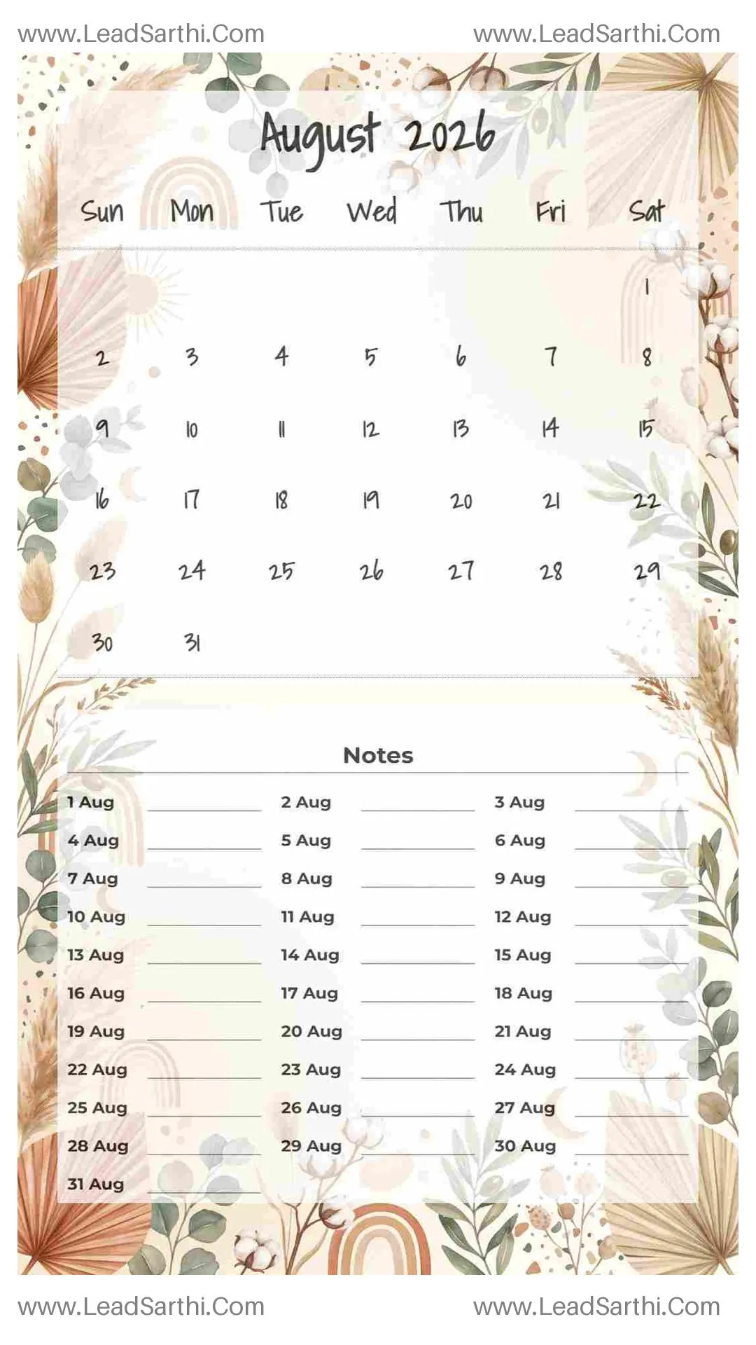 Printable August 2026 Calendar Template 21 Botonical Theme 230 Thumbnail