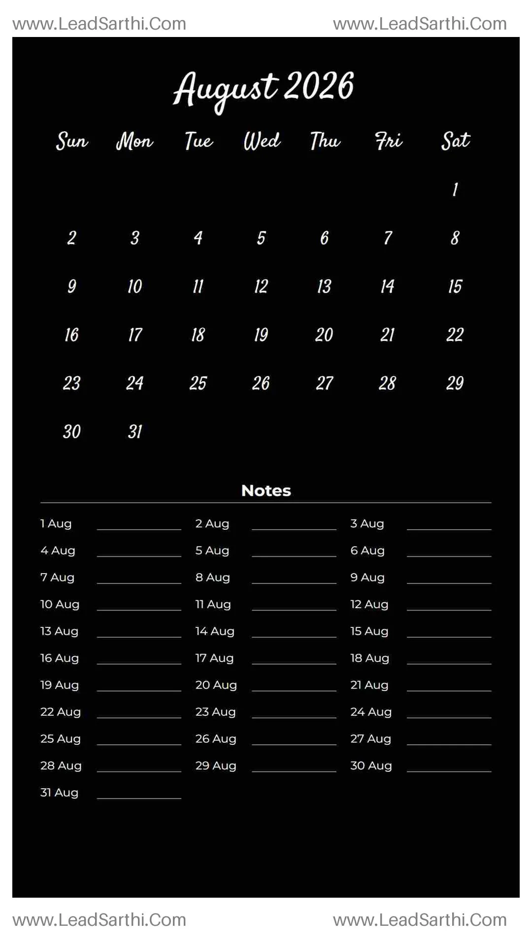 Printable August 2026 Calendar Template 22 Dark Theme 13 Thumbnail