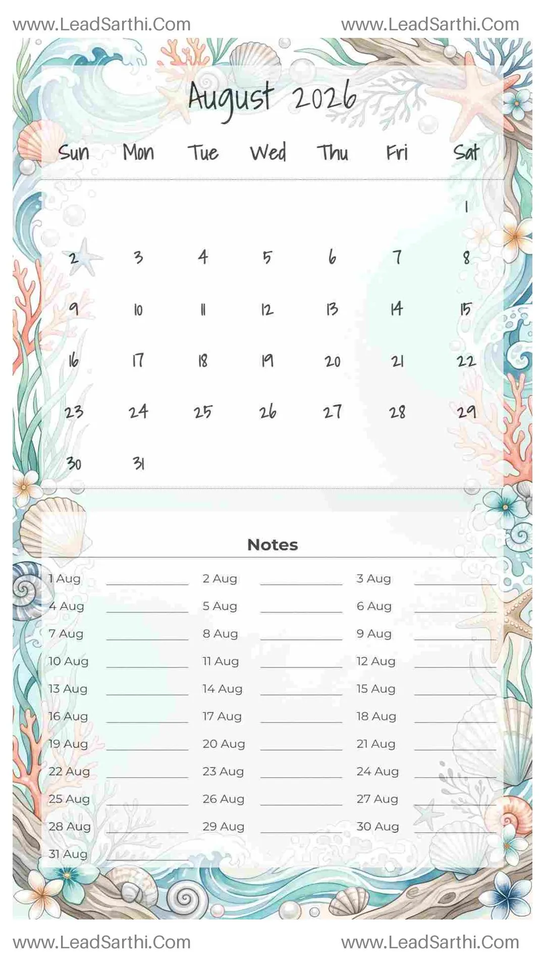 Printable August 2026 Calendar Template 21 Ocean Theme 193 Thumbnail