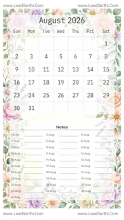 August 2026 Calendar Template 12 Floral Theme 20 Design Template