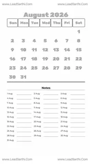 August 2026 Calendar Template 5 White BG 163 Design Template