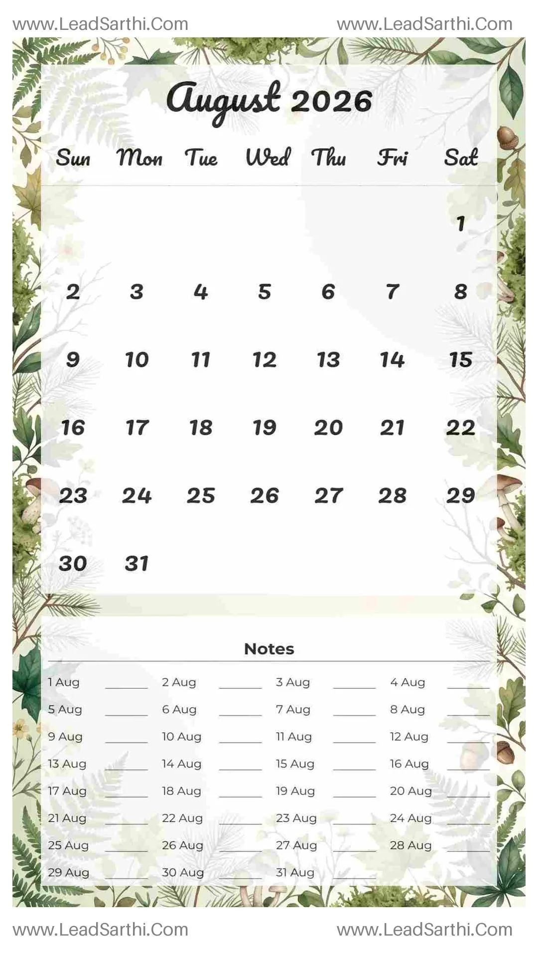 Printable August 2026 Calendar Template 16 Forest Theme 178 Thumbnail