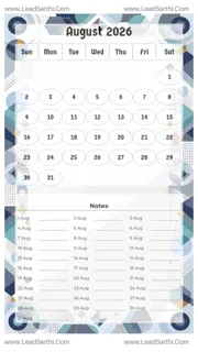August 2026 Calendar Template 9 Geometric Theme 257 Design Template