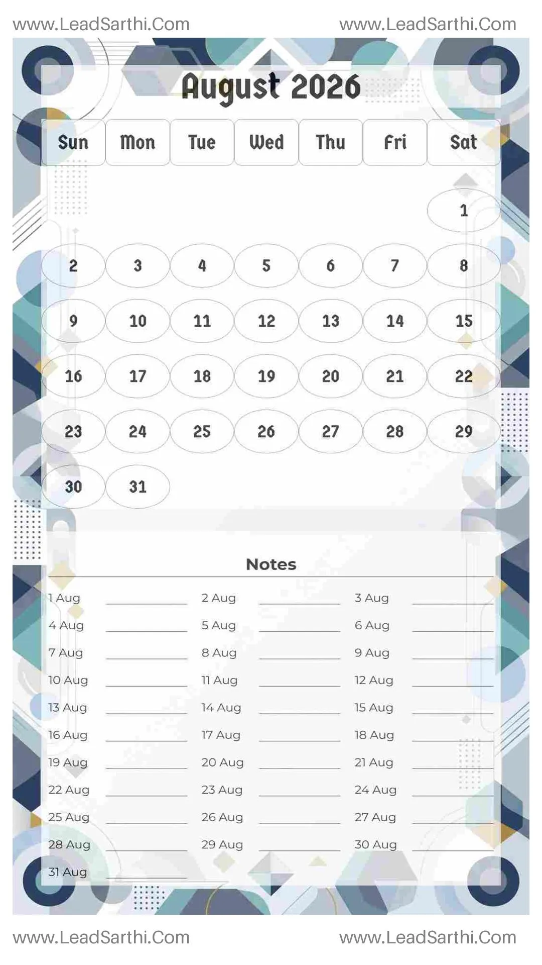 Printable August 2026 Calendar Template 9 Geometric Theme 257 Thumbnail