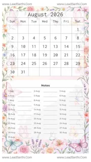 August 2026 Calendar Template 8 Butterfly Theme 151 Design Template