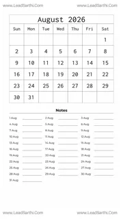 August 2026 Calendar Template 8 White BG 38 Design Template