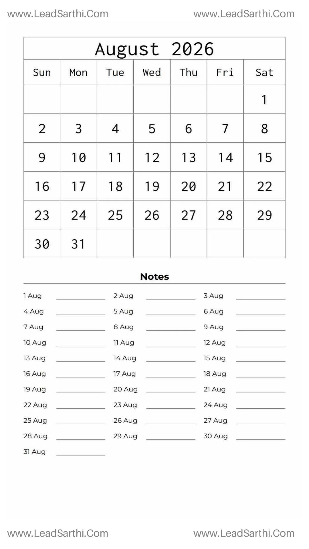 Printable August 2026 Calendar Template 8 White BG 38 Thumbnail