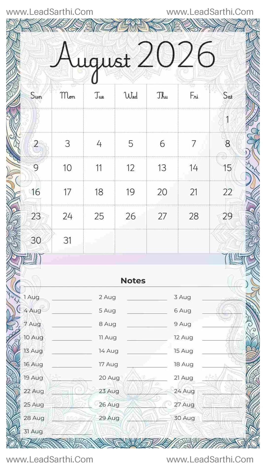 Printable August 2026 Calendar Template 18 Mandala Theme 192 Thumbnail