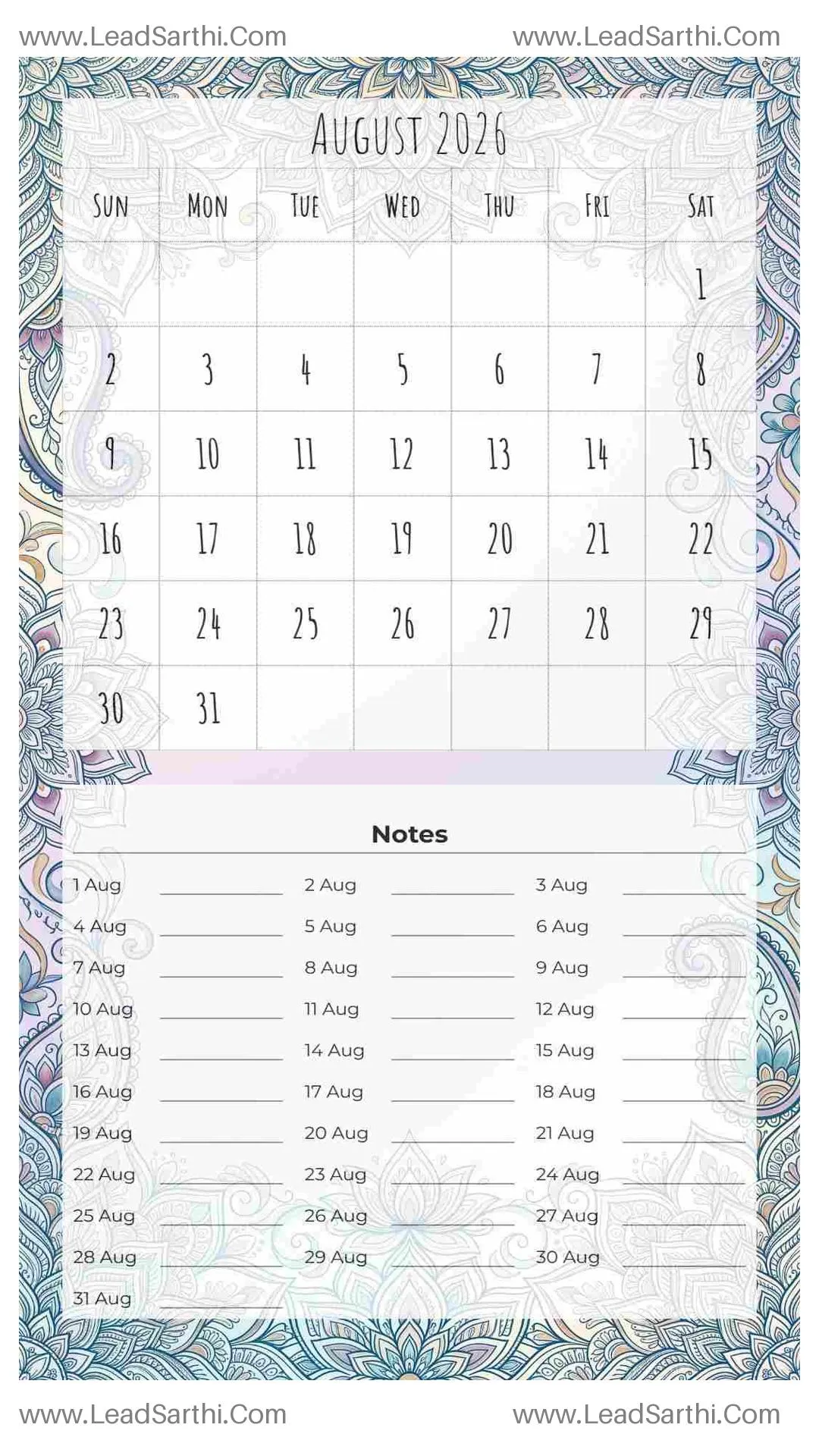 Printable August 2026 Calendar Template 25 Mandala Theme 215 Thumbnail