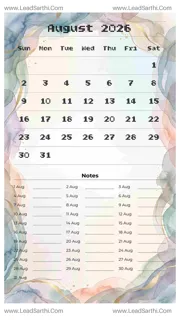 August 2026 Calendar Template 7 Watercolor Theme 43 Design Template