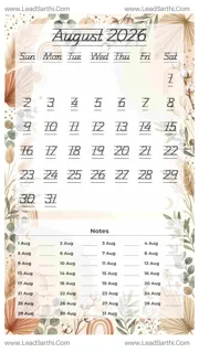 August 2026 Calendar Template 3 Botonical Theme 186 Design Template